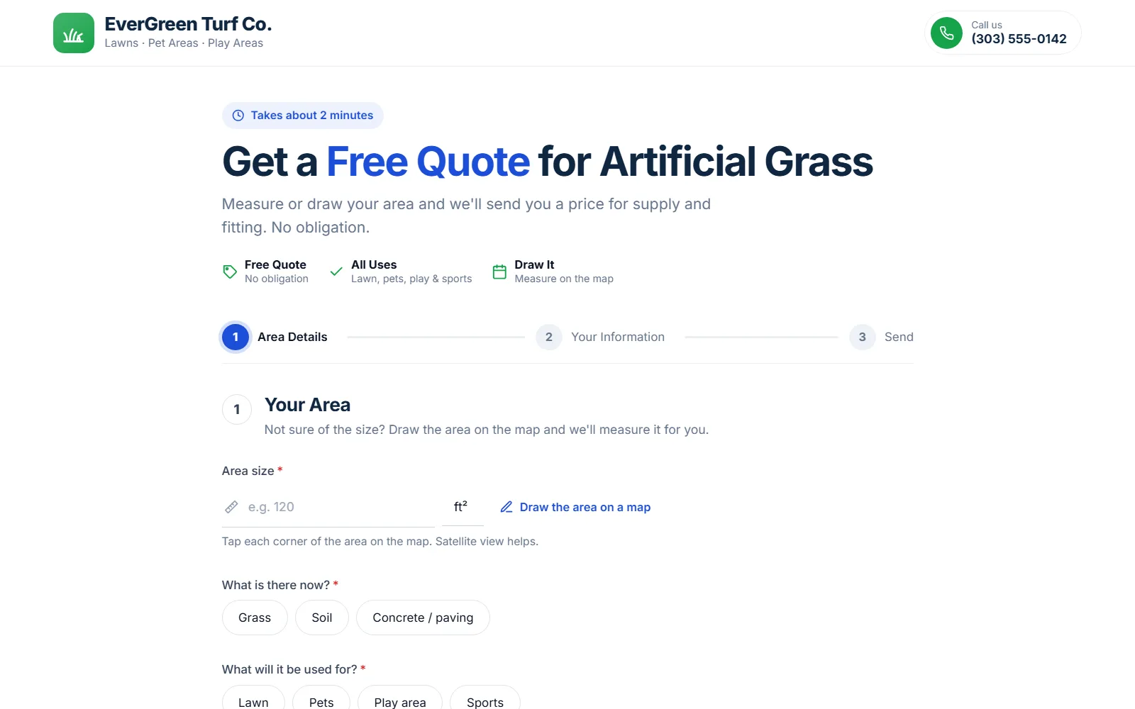 The artificial turf quote form made with Quotelatic