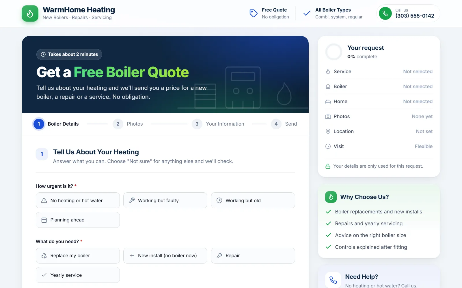 The boiler replacement quote form made with Quotelatic