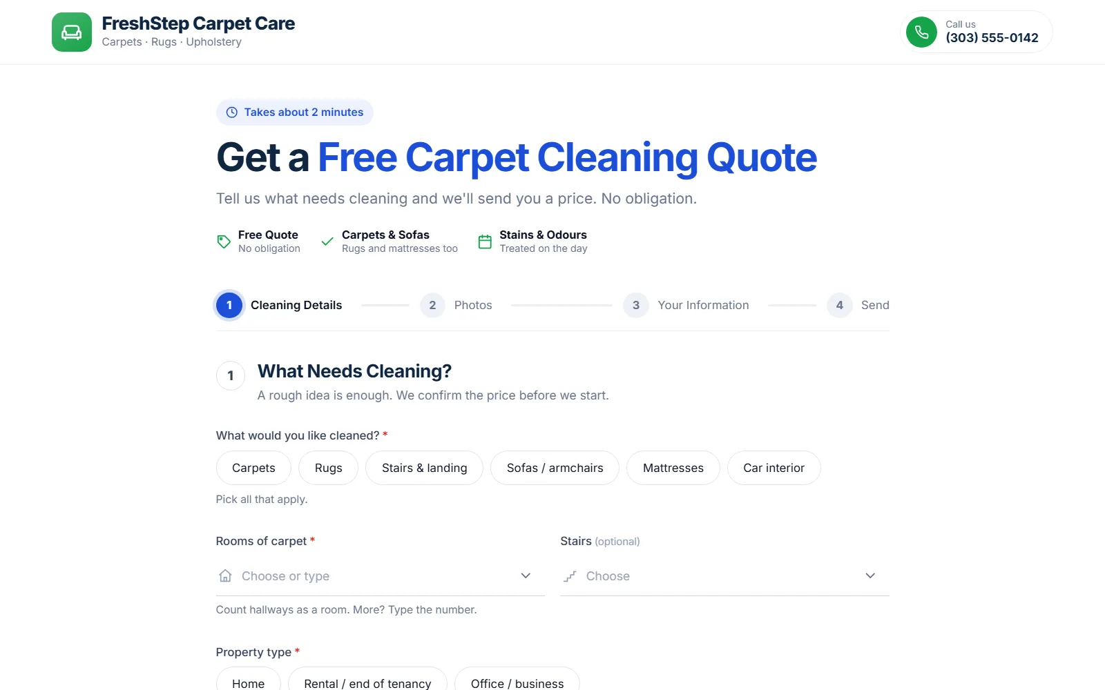 The carpet cleaning quote form made with Quotelatic
