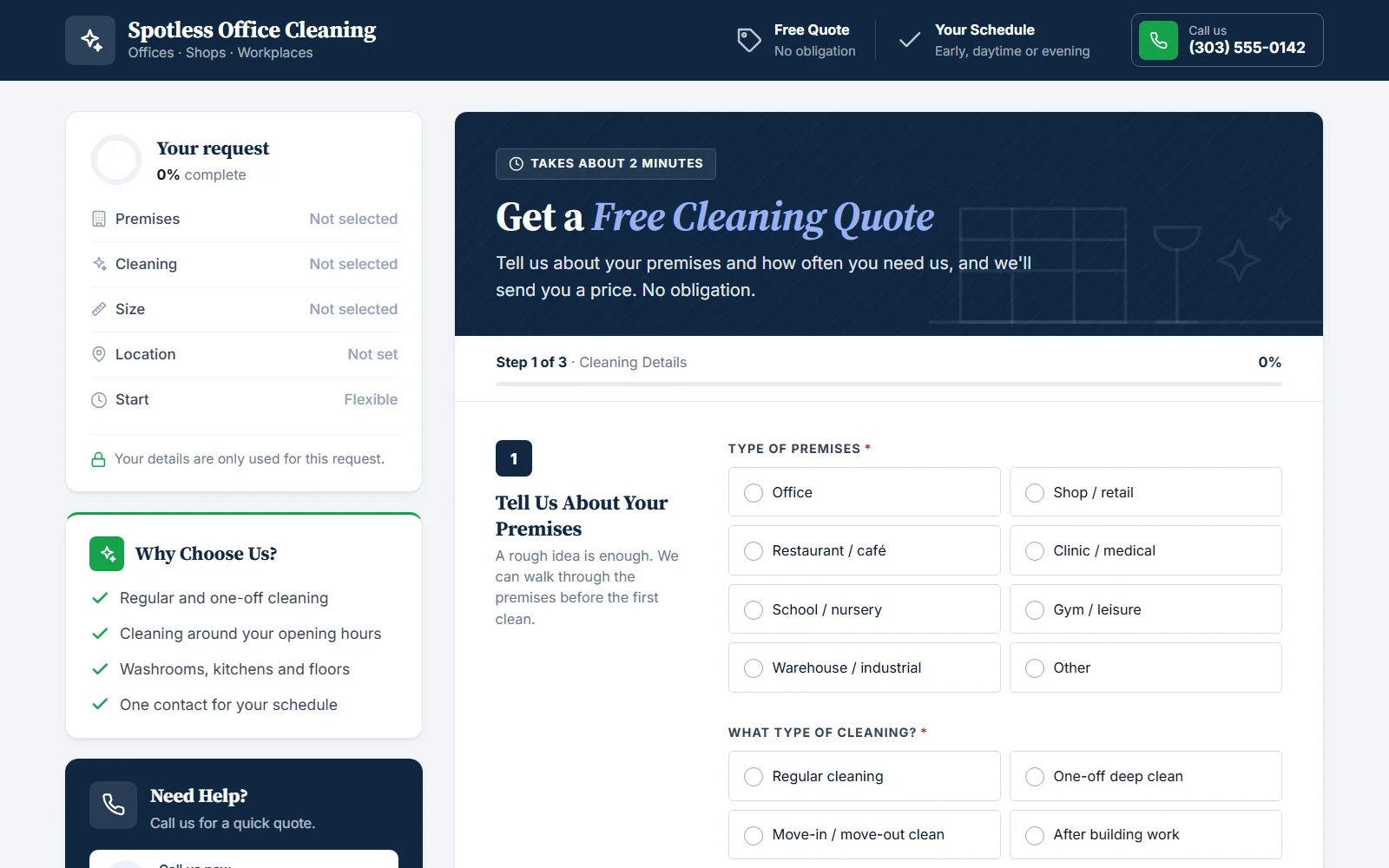 The commercial cleaning quote form made with Quotelatic