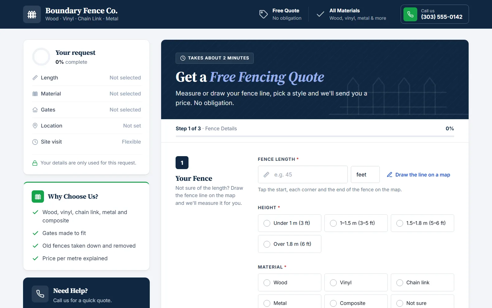 The fencing quote form made with Quotelatic