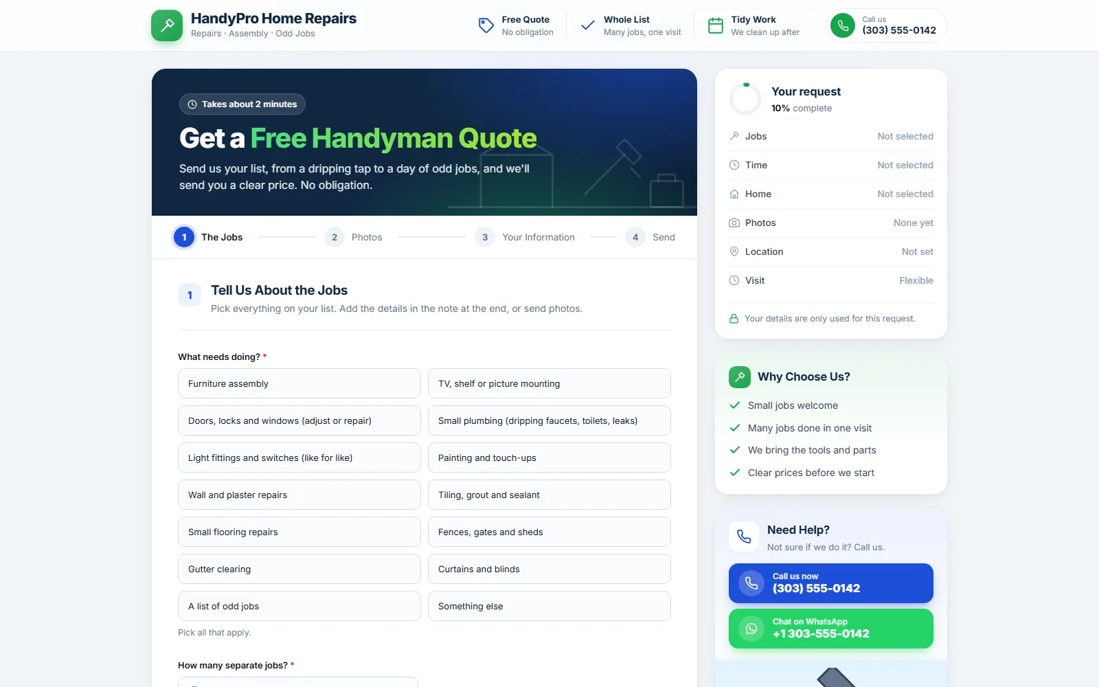 The handyman quote form made with Quotelatic