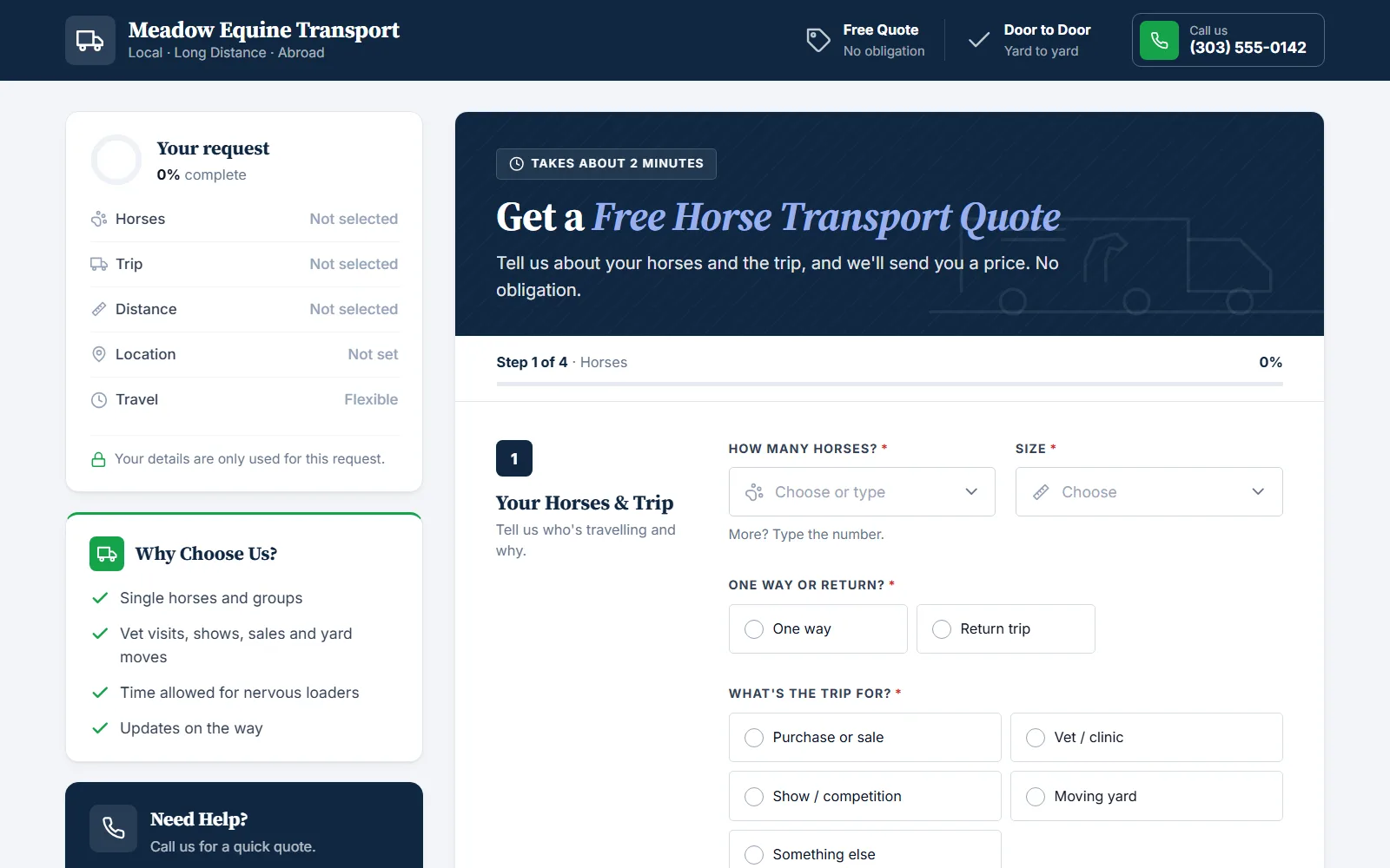 The horse transport quote form made with Quotelatic