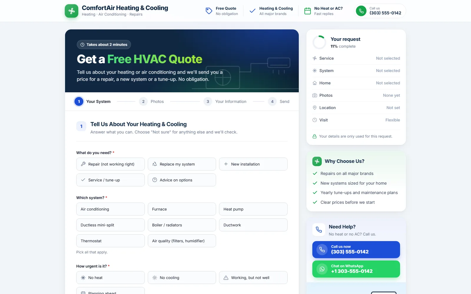 The hvac quote form made with Quotelatic