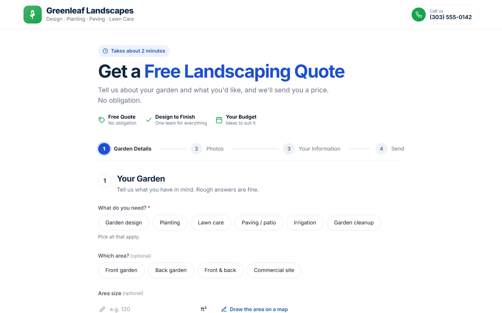 The landscaping quote form made with Quotelatic