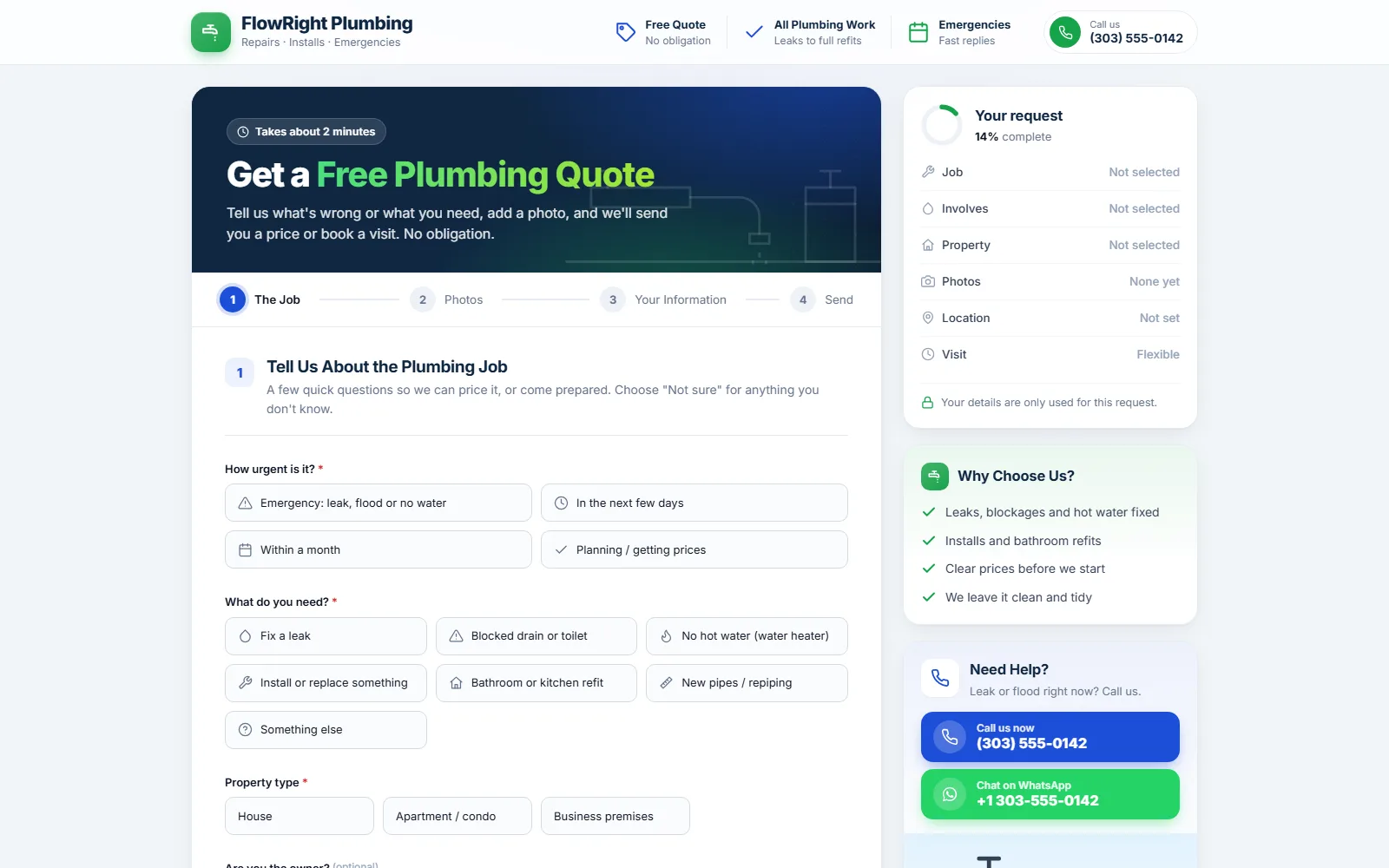 The plumbing quote form made with Quotelatic