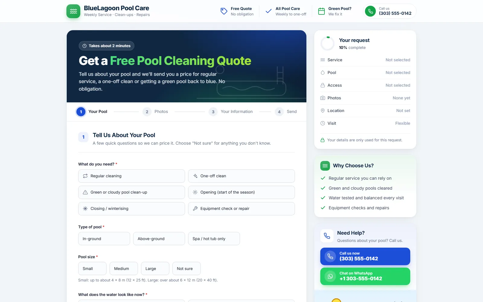 The pool cleaning quote form made with Quotelatic