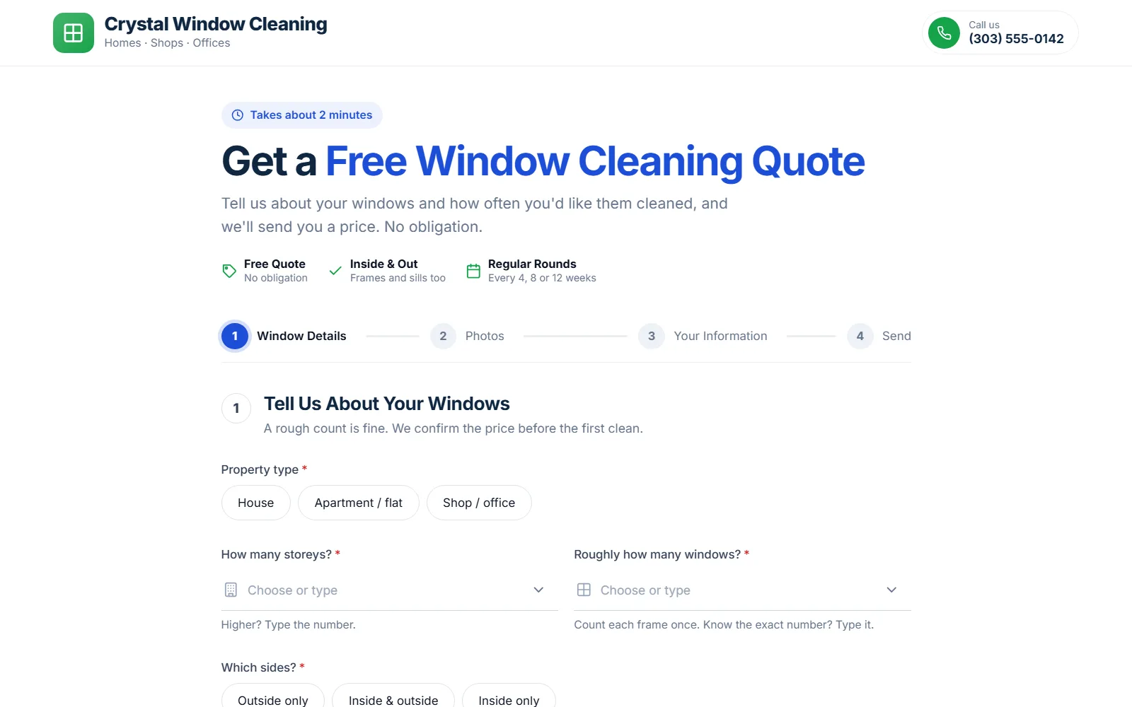 The window cleaning quote form made with Quotelatic