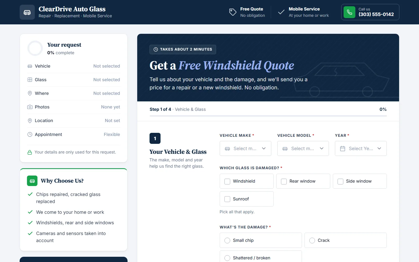 The windshield replacement quote form made with Quotelatic