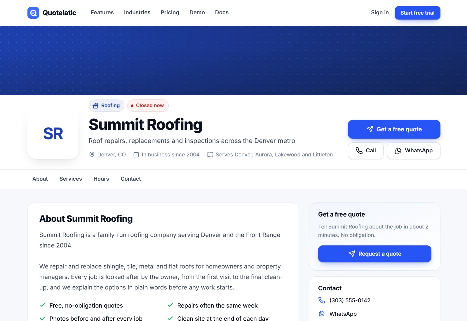 A business page on quotelatic.com