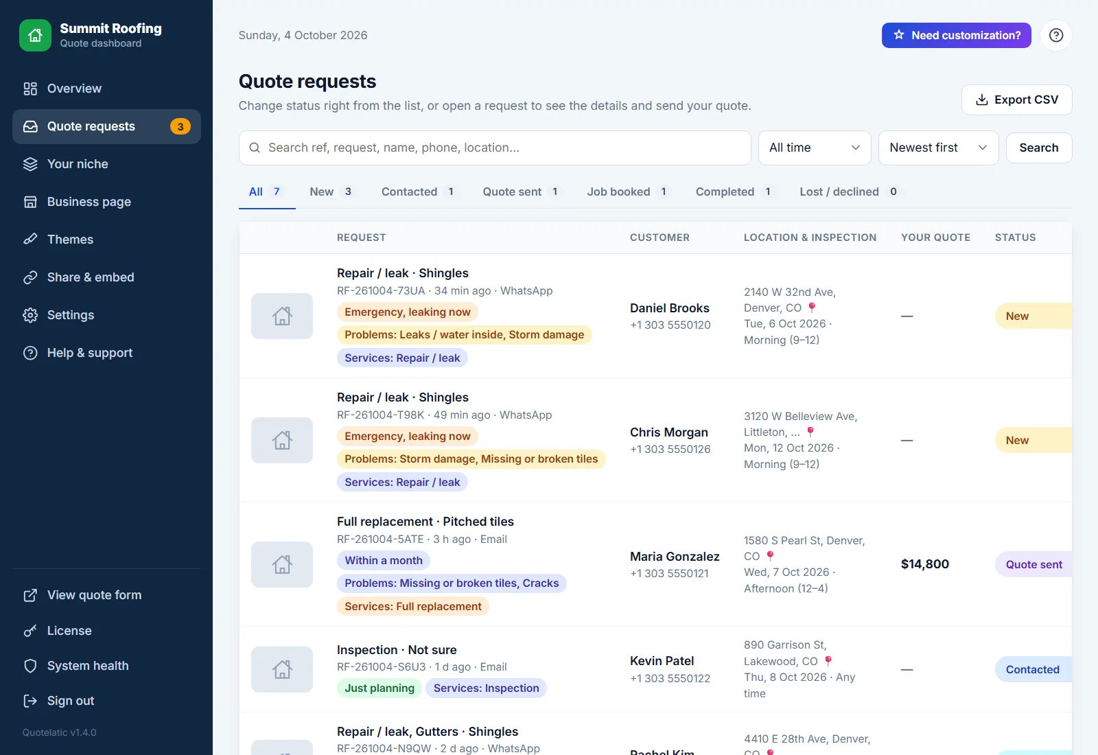 The list of quote requests with status, customer and location